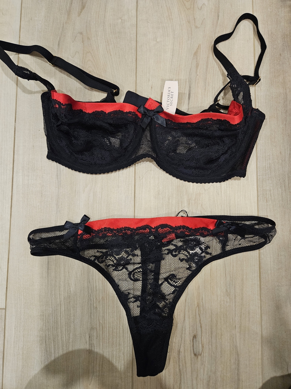 Victoria's Secret Black & Red Lace Bra and Thong Set